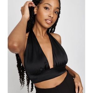 Garage Black Satin Halter Tie Top